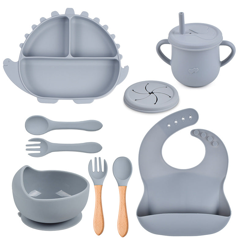 kit première vaisselle en silicone pour bébé - Bol, assiette, tasse, couvercle, couverts, bavoir - La Case à Bébé