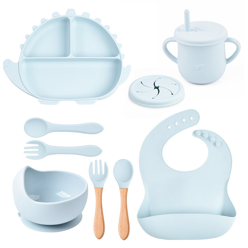 kit première vaisselle en silicone pour bébé - Bol, assiette, tasse, couvercle, couverts, bavoir - La Case à Bébé