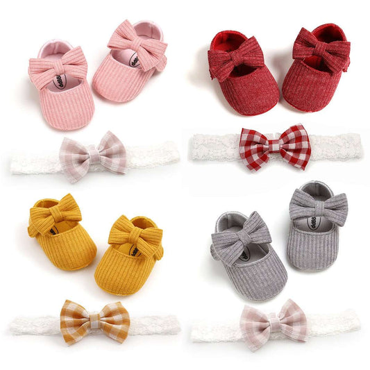 Chaussures bébé en coton à semelle souple + nœud assorti pour cheveux - La Case à Bébé